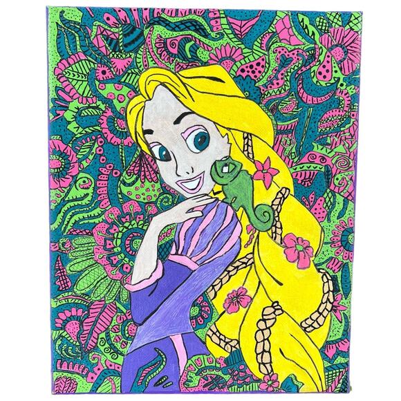 Rapunzel & Pascal Mandala Hand Painted Art Canvas 8"x10" - Picture 1 of 2